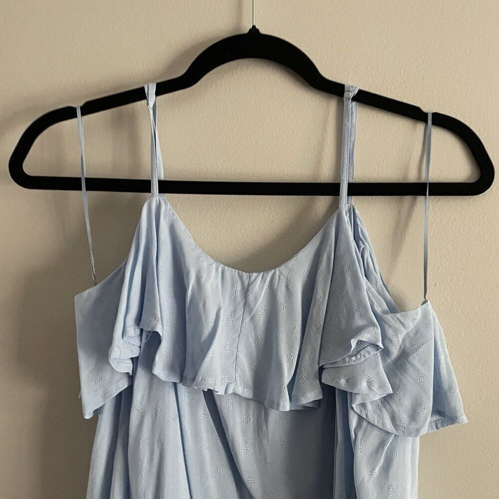 CeCe Women Sz S Blue Cold Shoulder 3/4 Sleeve Ruffled Neckline Blouse NWT - Picture 4 of 10